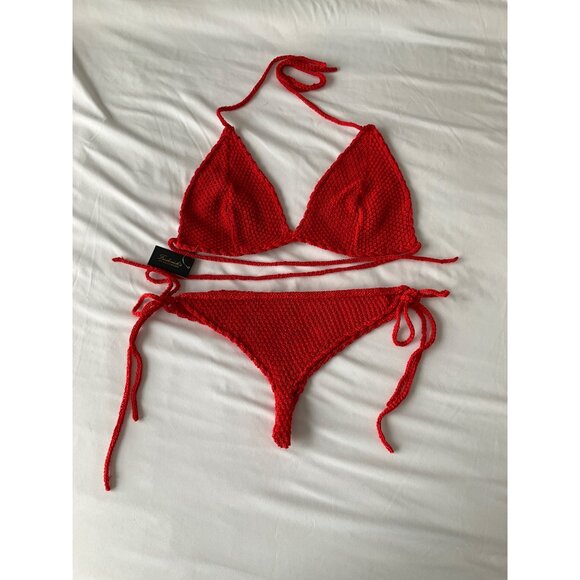 Frederick’s Of Hollywood Fiery Red Crochet 2pc  Bikini Size Large - Picture 2 of 6